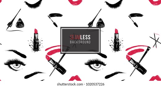 Professional makeup artist background. Vector seamless pattern with mascara wand, lipstick smear and brush, makeup pencils, eyeliner stroke, woman eyes, red lips mouth. Fashion illustration.