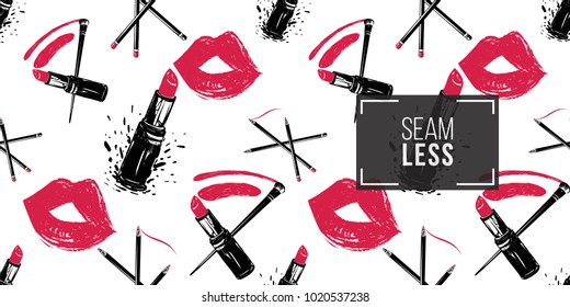 Professional makeup artist background. Vector seamless pattern with lipstick smear and brush, makeup pencils, lipstick, red lips mouth. Hand drawn fashion art illustration in watercolor style.