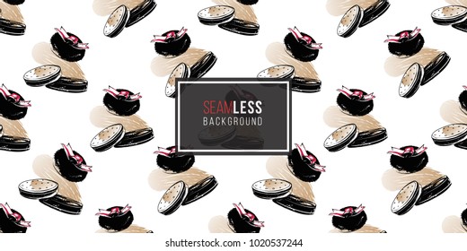 Professional makeup artist background. Vector seamless pattern with compact powder puff. Black fashion illustration on white backdrop. Hand drawn art in watercolor style.