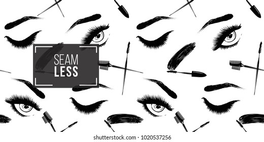 Professional makeup artist background. Vector seamless pattern with mascara wand, brow comb brush, woman open and close eyes. Hand drawn fashion illustration in watercolor style.