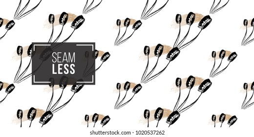 Professional makeup artist background. Vector seamless pattern with toothbrush style oval brushes. Black fashion illustration on white backdrop. Hand drawn art in watercolor style.