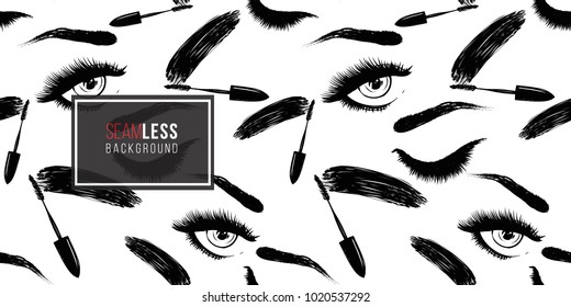 Professional makeup artist background. Vector seamless pattern with mascara wand, woman open and close eye. Black fashion illustration on white backdrop. Hand drawn art in watercolor style.