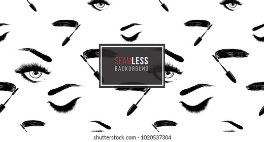 Professional makeup artist background. Vector seamless pattern with mascara wand, woman open and close eye. Black fashion illustration on white backdrop. Hand drawn art in watercolor style.