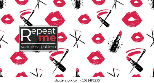 Professional makeup artist background. Vector seamless pattern with lipstick smear and brush, makeup pencils, lipstick, red lips mouth. Hand drawn fashion art illustration in watercolor style.