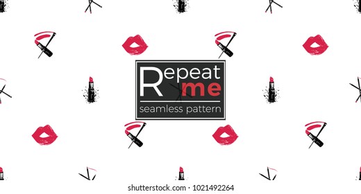 Professional makeup artist background. Vector seamless pattern with lipstick smear and brush, makeup pencils, lipstick, red lips mouth. Hand drawn fashion art illustration in watercolor style.
