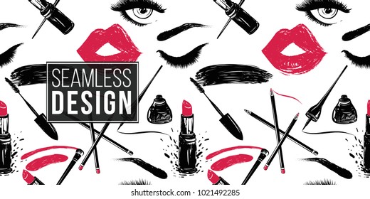 Professional makeup artist background. Vector seamless pattern with mascara wand, lipstick smear and brush, makeup pencils, eyeliner stroke, woman eyes, red lips mouth. Fashion illustration.