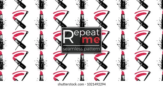 Professional makeup artist background. Vector seamless pattern with lipstick smear and brush and red lipstick. Black fashion illustration on white backdrop. Hand drawn art in watercolor style.