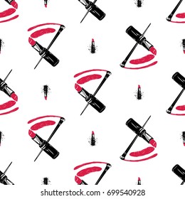 Professional makeup artist background. Vector seamless pattern with lipstick smear and brush and red lipstick. Black fashion illustration on white backdrop. Hand drawn art in watercolor style.