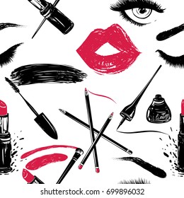 Antecedentes profesionales de artistas de maquillaje. Vector de patrón transparente con mímel y brocha, manchas de labios y pinceladas, lápices de maquillaje, infarto de ojos, ojos de mujer, boca de labios rojos. Ilustración de moda.