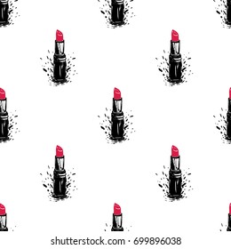 Professional makeup artist background. Vector seamless pattern with red lipstick. Black fashion illustration on white backdrop. Hand drawn art in watercolor style.