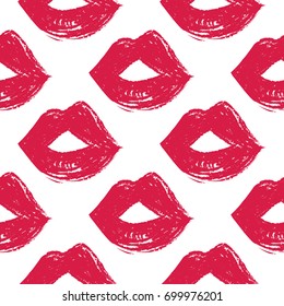 Professional makeup artist background. Vector seamless pattern with red lips mouth. Black fashion illustration on white backdrop. Hand drawn art in watercolor style.