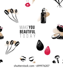 Professional makeup artist background. Vector seamless pattern with makeup brushes, powder puff, natural concealer, beautyblender, woman face. Fashion illustration. Hand drawn art in watercolor style.