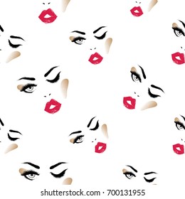Professional makeup artist background. Vector seamless pattern with beautiful woman face. Black fashion illustration on white backdrop. Hand drawn art in watercolor style.