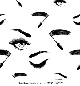 Professional makeup artist background. Vector seamless pattern with mascara wand, woman open and close eye. Black fashion illustration on white backdrop. Hand drawn art in watercolor style.