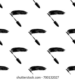 Professional makeup artist background. Vector seamless pattern with mascara wand. Black fashion illustration on white backdrop. Hand drawn art in watercolor style.