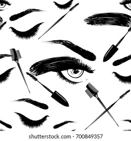 Professional makeup artist background. Vector seamless pattern with mascara wand, brow comb brush, woman open and close eyes. Hand drawn fashion illustration in watercolor style.