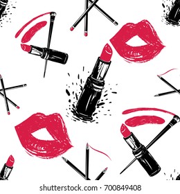 Professional makeup artist background. Vector seamless pattern with lipstick smear and brush, makeup pencils, lipstick, red lips mouth. Hand drawn fashion art illustration in watercolor style.