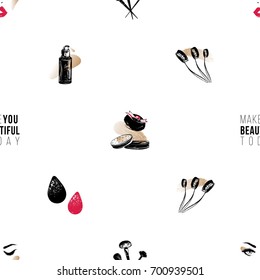Professional makeup artist background. Vector seamless pattern with makeup brushes, powder puff, natural concealer, beautyblender, woman face. Fashion illustration. Hand drawn art in watercolor style.