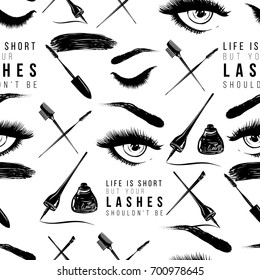 Professional makeup artist background. Vector seamless pattern with makeup tools and signs, life is short but your lashes shouldn't be text. Hand drawn fashion illustration in watercolor style.