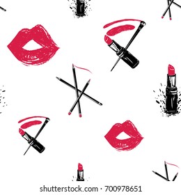 Professional makeup artist background. Vector seamless pattern with lipstick smear and brush, makeup pencils, lipstick, red lips mouth. Hand drawn fashion art illustration in watercolor style.