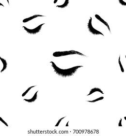 Professional makeup artist background. Vector seamless pattern with woman close eye. Black fashion illustration on white backdrop. Hand drawn art in watercolor style.
