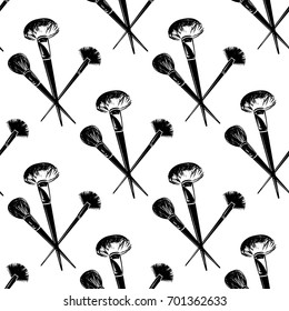 Professional makeup artist background. Vector seamless pattern with powder brushes. Black fashion illustration on white backdrop. Hand drawn art in watercolor style.