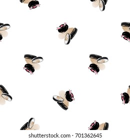 Professional makeup artist background. Vector seamless pattern with compact powder puff. Black fashion illustration on white backdrop. Hand drawn art in watercolor style.