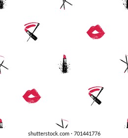 Professional makeup artist background. Vector seamless pattern with lipstick smear and brush, makeup pencils, lipstick, red lips mouth. Hand drawn fashion art illustration in watercolor style.