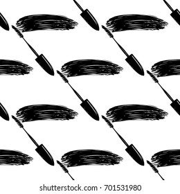 Professional makeup artist background. Vector seamless pattern with mascara wand. Black fashion illustration on white backdrop. Hand drawn art in watercolor style.