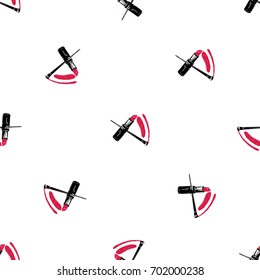 Professional makeup artist background. Vector seamless pattern with lipstick smear and brush. Black fashion illustration on white backdrop. Hand drawn art in watercolor style.