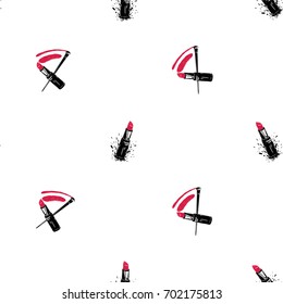 Professional makeup artist background. Vector seamless pattern with lipstick smear and brush and red lipstick. Black fashion illustration on white backdrop. Hand drawn art in watercolor style.