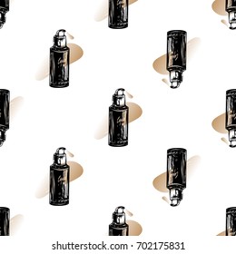 Professional makeup artist background. Vector seamless pattern with natural concealer. Black fashion illustration on white backdrop. Hand drawn art in watercolor style.