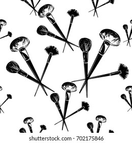 Professional makeup artist background. Vector seamless pattern with powder brushes. Black fashion illustration on white backdrop. Hand drawn art in watercolor style.