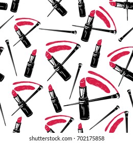 Professional makeup artist background. Vector seamless pattern with lipstick smear and brush. Black fashion illustration on white backdrop. Hand drawn art in watercolor style.