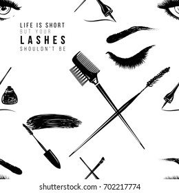 Professional makeup artist background. Vector seamless pattern with makeup tools and signs, life is short but your lashes shouldn't be text. Hand drawn fashion illustration in watercolor style.