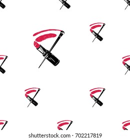 Professional makeup artist background. Vector seamless pattern with lipstick smear and brush. Black fashion illustration on white backdrop. Hand drawn art in watercolor style.
