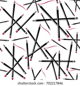 Professional makeup artist background. Vector seamless pattern with makeup pencils. Black fashion illustration on white backdrop. Hand drawn art in watercolor style.