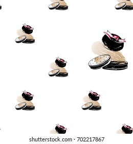 Professional makeup artist background. Vector seamless pattern with compact powder puff. Black fashion illustration on white backdrop. Hand drawn art in watercolor style.