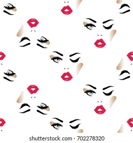 Professional makeup artist background. Vector seamless pattern with beautiful woman face. Black fashion illustration on white backdrop. Hand drawn art in watercolor style.