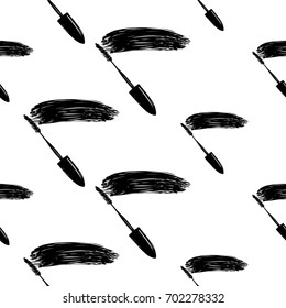 Professional makeup artist background. Vector seamless pattern with mascara wand. Black fashion illustration on white backdrop. Hand drawn art in watercolor style.