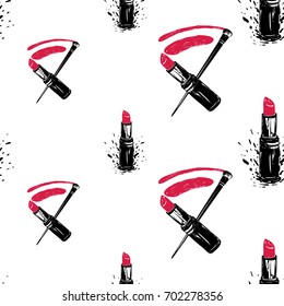 Professional makeup artist background. Vector seamless pattern with lipstick smear and brush and red lipstick. Black fashion illustration on white backdrop. Hand drawn art in watercolor style.