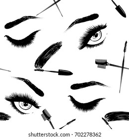 Professional makeup artist background. Vector seamless pattern with mascara wand, brow comb brush, woman open and close eyes. Hand drawn fashion illustration in watercolor style.