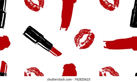 Professional makeup artist background. Vector seamless pattern with lipstick smear and brush, makeup lipstick stroke, lipstick, red lips mouth. Hand drawn fashion art illustration in fashion style.