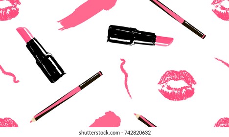 Professional makeup artist background. Vector seamless pattern with lipstick smear and brush, makeup pencils, lipstick, pink lips mouth. Hand drawn fashion art illustration in fashion trendy style.