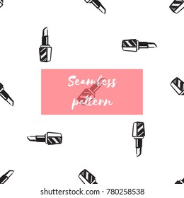 Professional makeup artist background. Vector seamless pattern with lipstick, makeup lipstick, red lips mouth. Hand drawn fashion art illustration in fashion style.