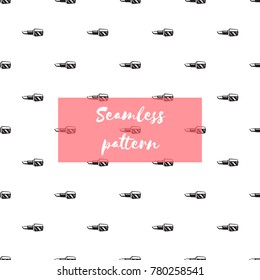 Professional makeup artist background. Vector seamless pattern with lipstick, makeup lipstick, red lips mouth. Hand drawn fashion art illustration in fashion style.