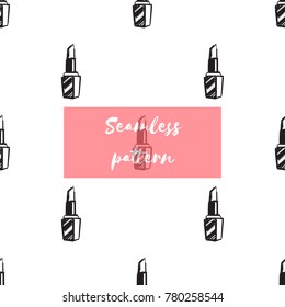 Professional makeup artist background. Vector seamless pattern with lipstick, makeup lipstick, red lips mouth. Hand drawn fashion art illustration in fashion style.