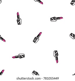 Professional makeup artist background. Vector hand drawn seamless pattern with lipstick, makeup lipstick, red lips mouth. Hand drawn fashion art illustration in fashion style