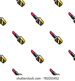 Professional makeup artist background. Vector hand drawn seamless pattern with lipstick, makeup lipstick, red lips mouth. Hand drawn fashion art illustration in fashion style