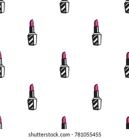 Professional makeup artist background. Vector hand drawn seamless pattern with lipstick, makeup lipstick, red lips mouth. Hand drawn fashion art illustration in fashion style